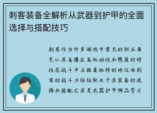 刺客装备全解析从武器到护甲的全面选择与搭配技巧